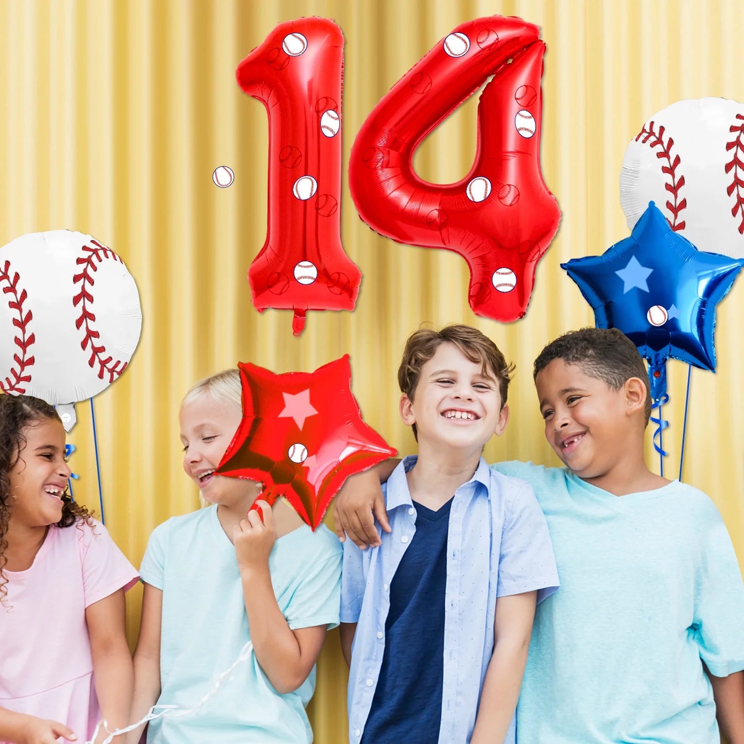 5 Pcs Baseball Balloons Set - Includes Baseball Foil Balloons, Number4 Balloon, Blue Red Star Balloons, Baseball Stickers for Baseball Party Supplies