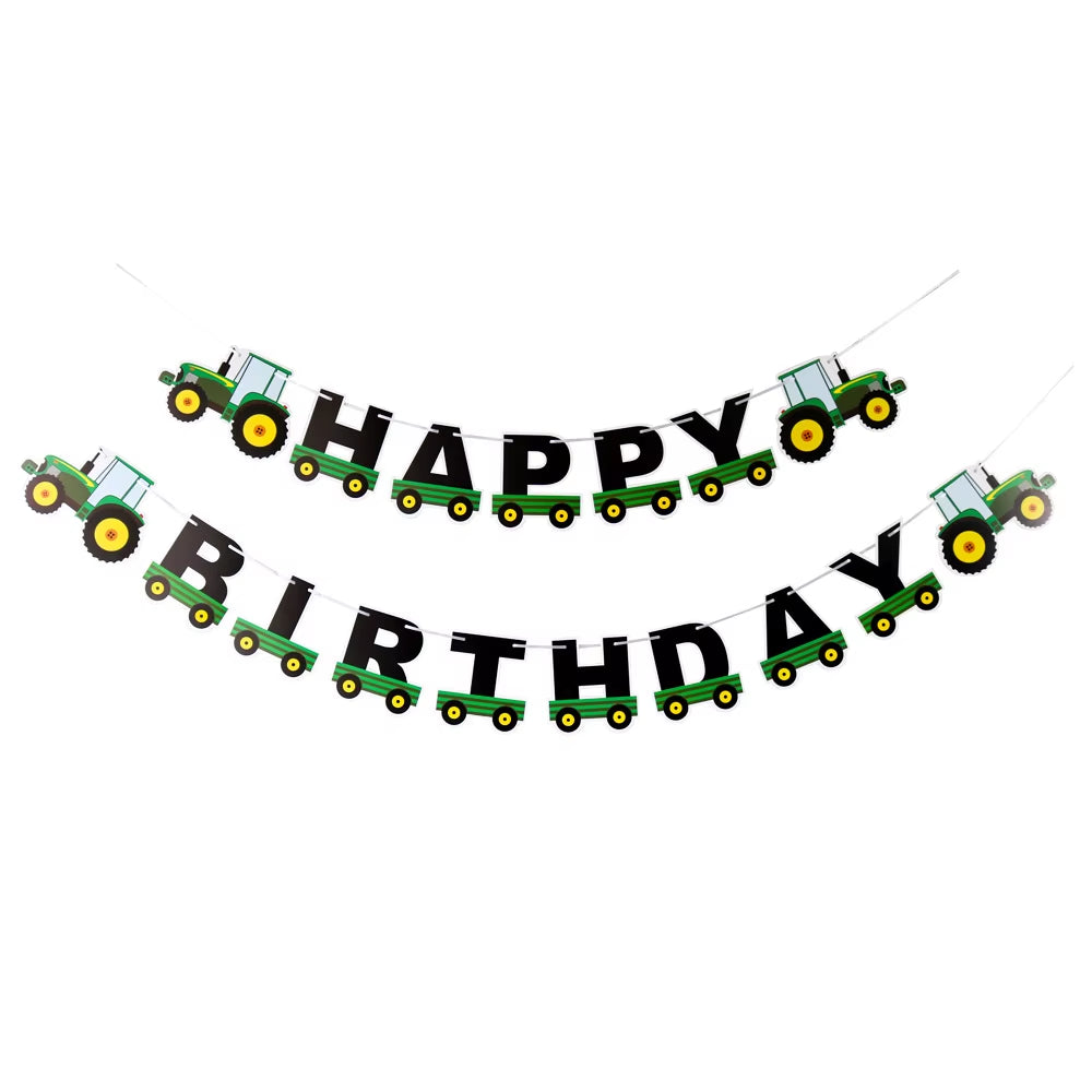 Farm Theme Green Tractor Inflatable Balloons Cake Topper Happy Birthday Party Decoration Kids Birthday Excavator Vehicle Banner