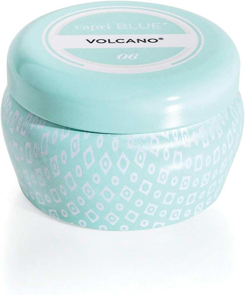 Volcano Scented Mini Tin Jar Candle - Printed Mini Tin Candles for Home Scented with Tropical Fruit & Sugared Citrus - Long Lasting Soy Wax Blend - Black (3 Oz)