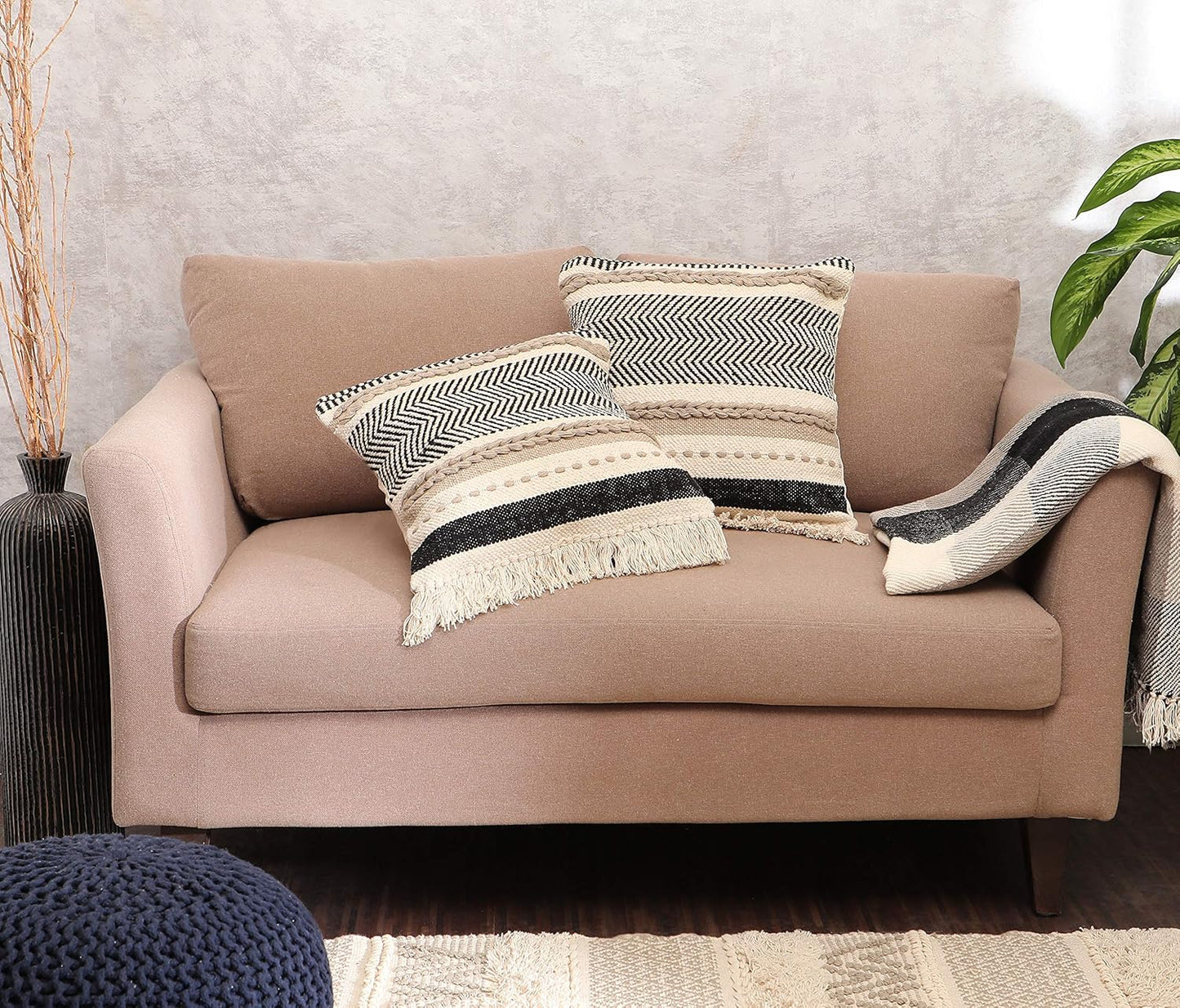 · Handmade Boho Throw Pillow Covers - Bohemian Chic Farmhouse Style - Accent Woven Indoor and Outdoor Pillow Cushion Cases for Couch, Bed, Chair, Sofa, Bench – Set of 2-18"X18" - Natural