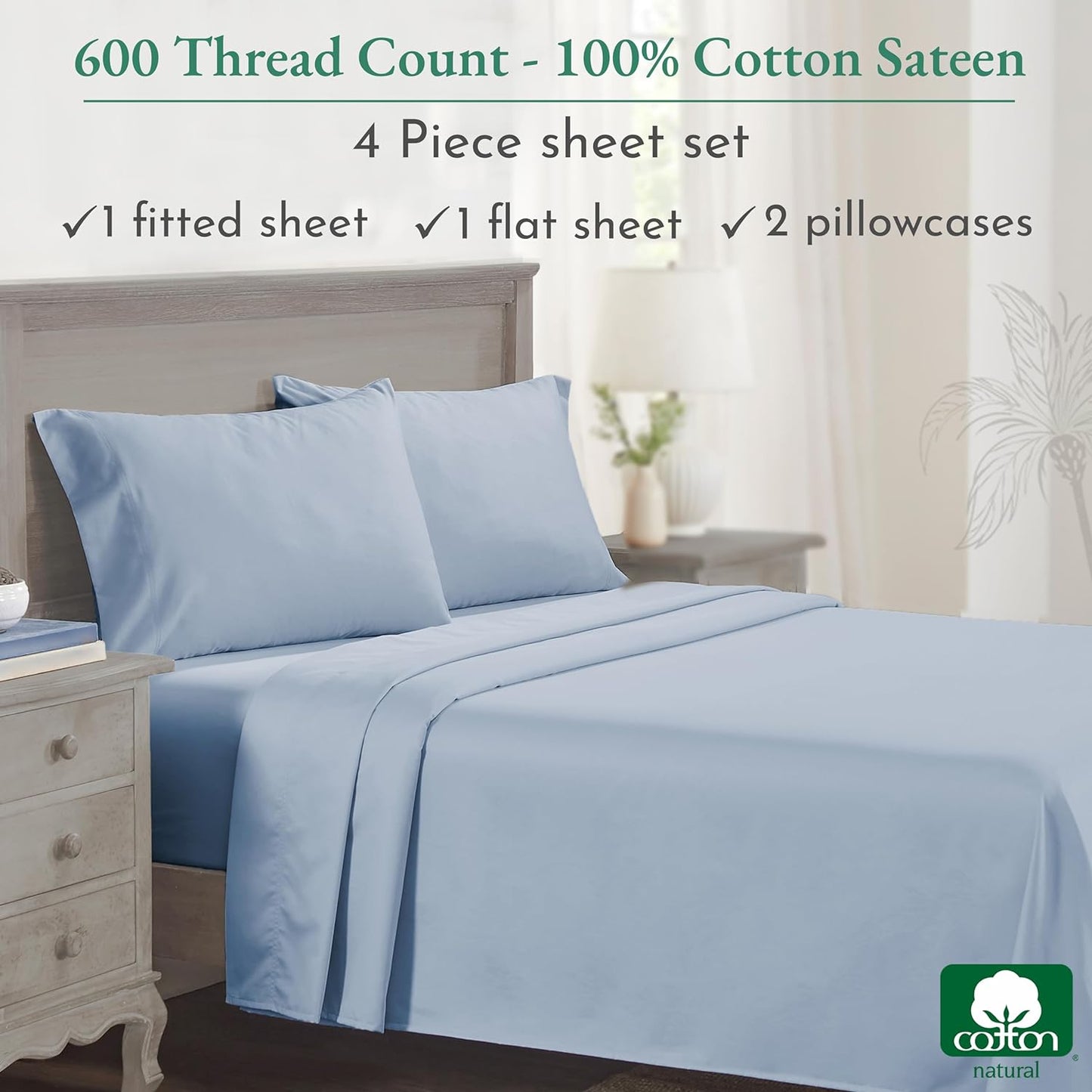 - Luxury Full Size Sheet Set - 100% Cotton, 600 Thread Count Deep Pocket Full Size Bed Sheets, Cooling Hotel-Quality Sheets with Sateen Weave - Blue