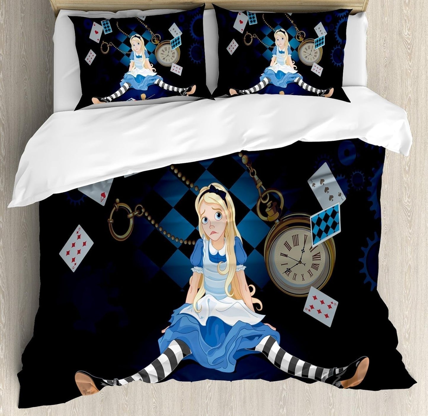 Alice in Wonderland Duvet Cover Set, Grown Giant Girl Sitting Flying Cards and Rose Checkered Cartoon, Decorative 3 Piece Bedding Set with 2 Pillow Shams, Queen Size, Dark Blue Sepia