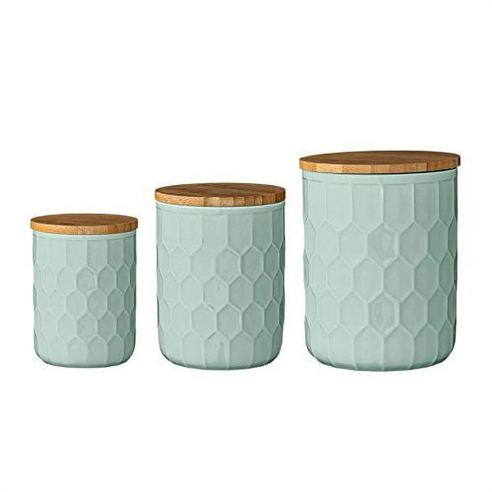 Mint Green Stoneware Canister with Bamboo Lid, Set of 3 Pieces