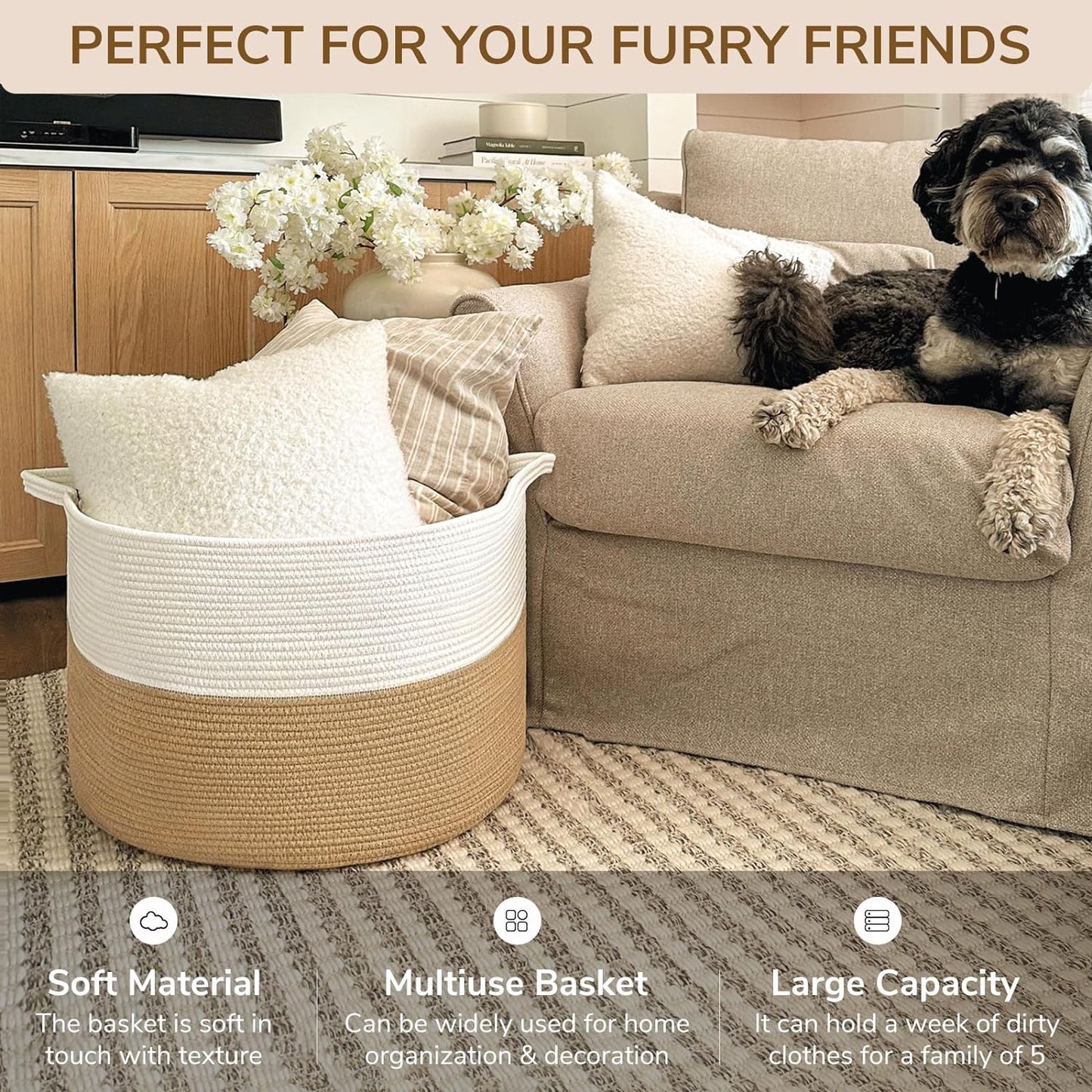 Xxxlarge Jute Rope Basket 21.7" X 21.7" X 13.8" Woven Baby Laundry Basket for Blankets Toys Storage Basket with Handle Comforter Cushions Storage Bins Thread Laundry Hamper White & Camel