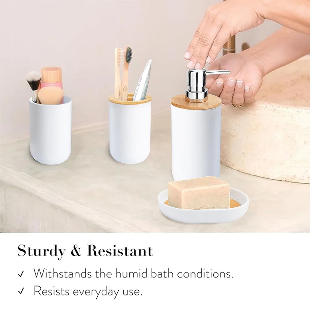 Bamboo Bathroom Accessory Set, 6 Pieces Bath Set- Soap Dish Toothbrush Holder Rinse Cup Lotion Bottle Trash Can Toilet Brush - Practical Toilet Kit for Home Washing Room,White