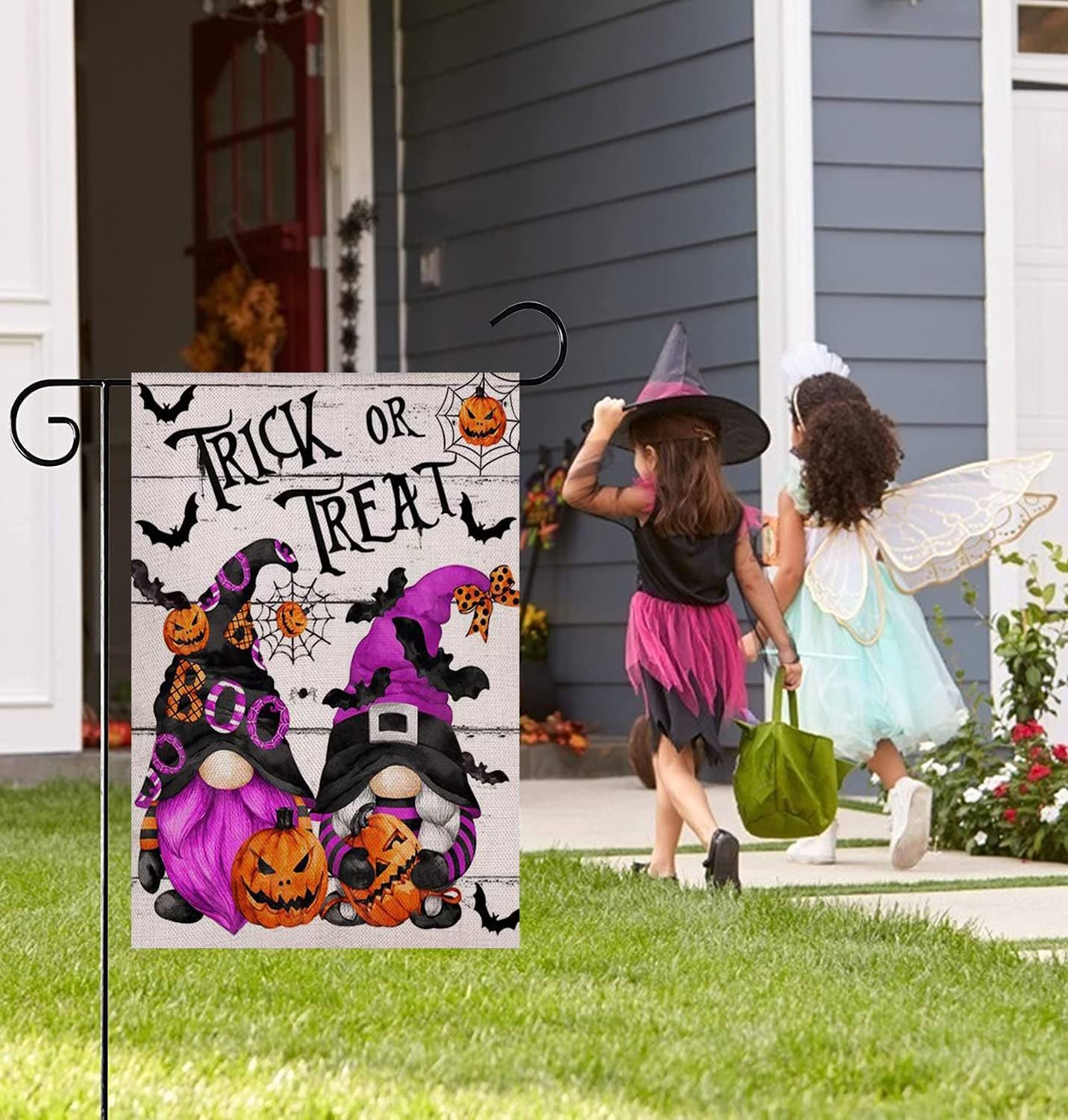 Halloween Garden Flag 12 X 18 Double Sided, Double-Sided Purple Gnomes Garden Flags Stripe Vertical Burlap, Halloween Yard Flag Outdoor Decorations