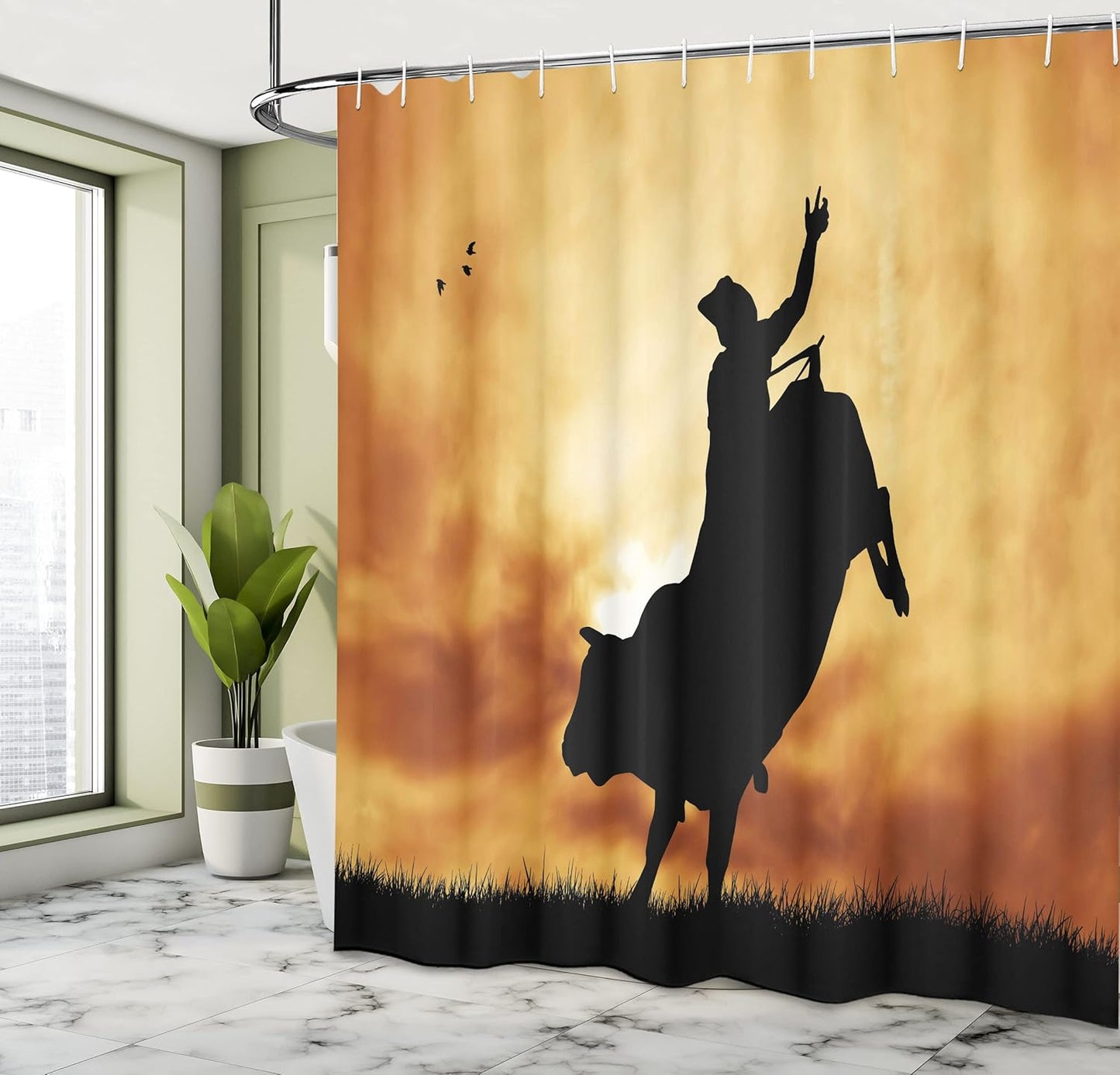Western Shower Curtain, Bull Rider Silhouette at Sunset Dramatic Sky Rural Countryside Landscape Rodeo, Cloth Fabric Bathroom Decor Set with Hooks, 69" W X 70" L, Amber Black
