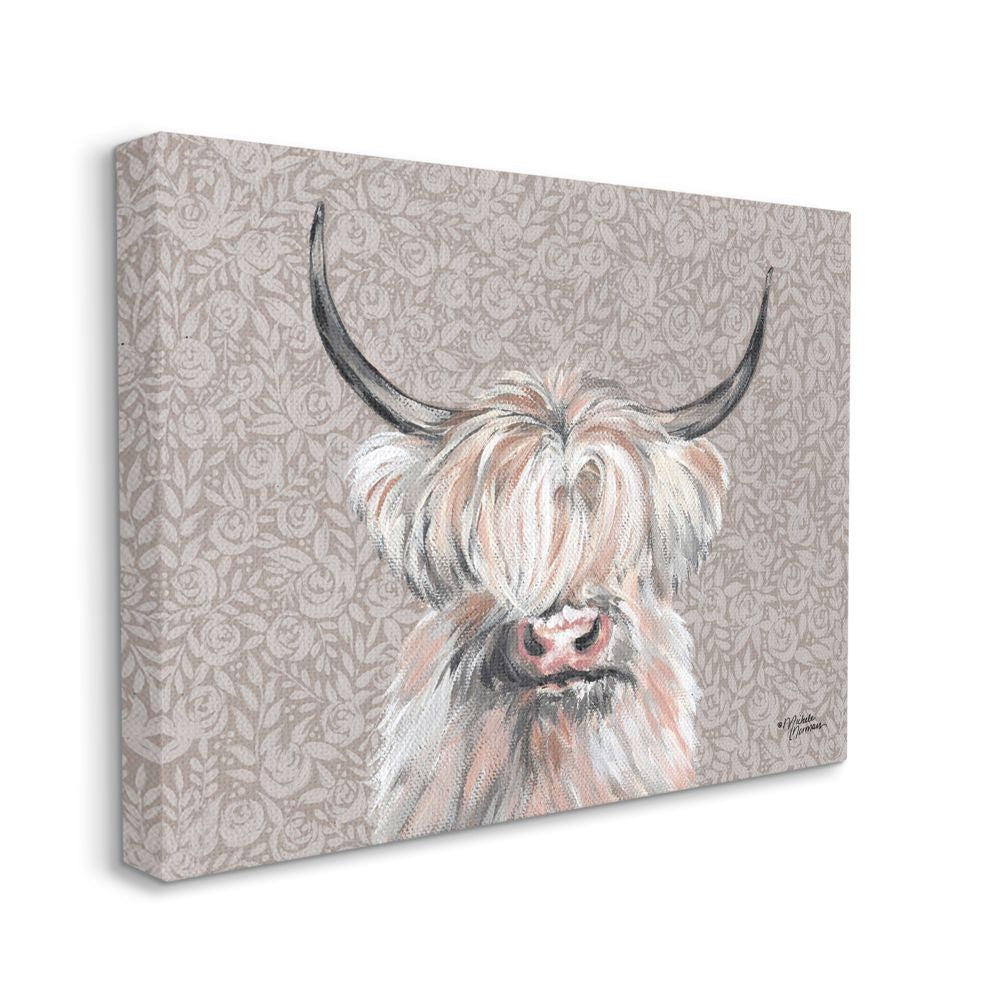 Grumpy White Buffalo on Floral Print Farm Animal Canvas Wall Art Design by Michele Norman, 30" X 40"