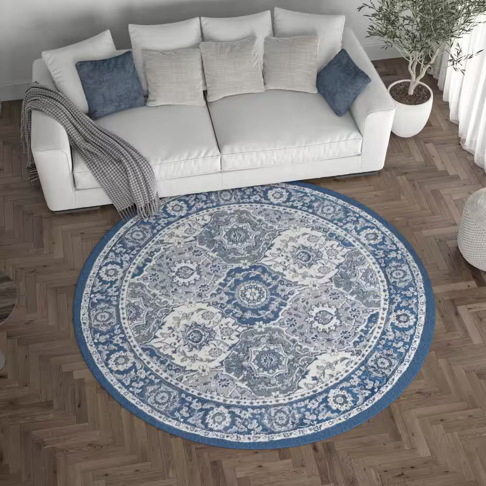 Madison Oriental Navy 8 Ft. round Indoor Area Rug