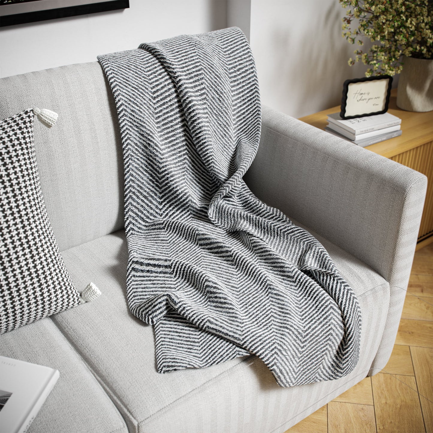 Beautiful Black & White Herringbone Throw by Drew Barrymore, 50" X 60"