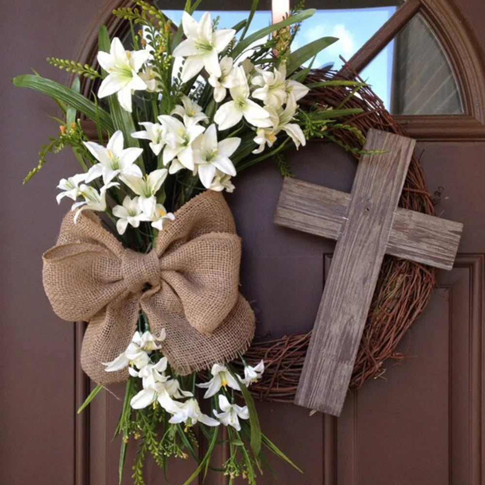 Easter Wreath with Cross Burlap Bow Rustic Grapevine Wreath Spring Decorating Farmhouse Decor Wall Home Decor Gift DIY Easter Front Door Wreath Decoration