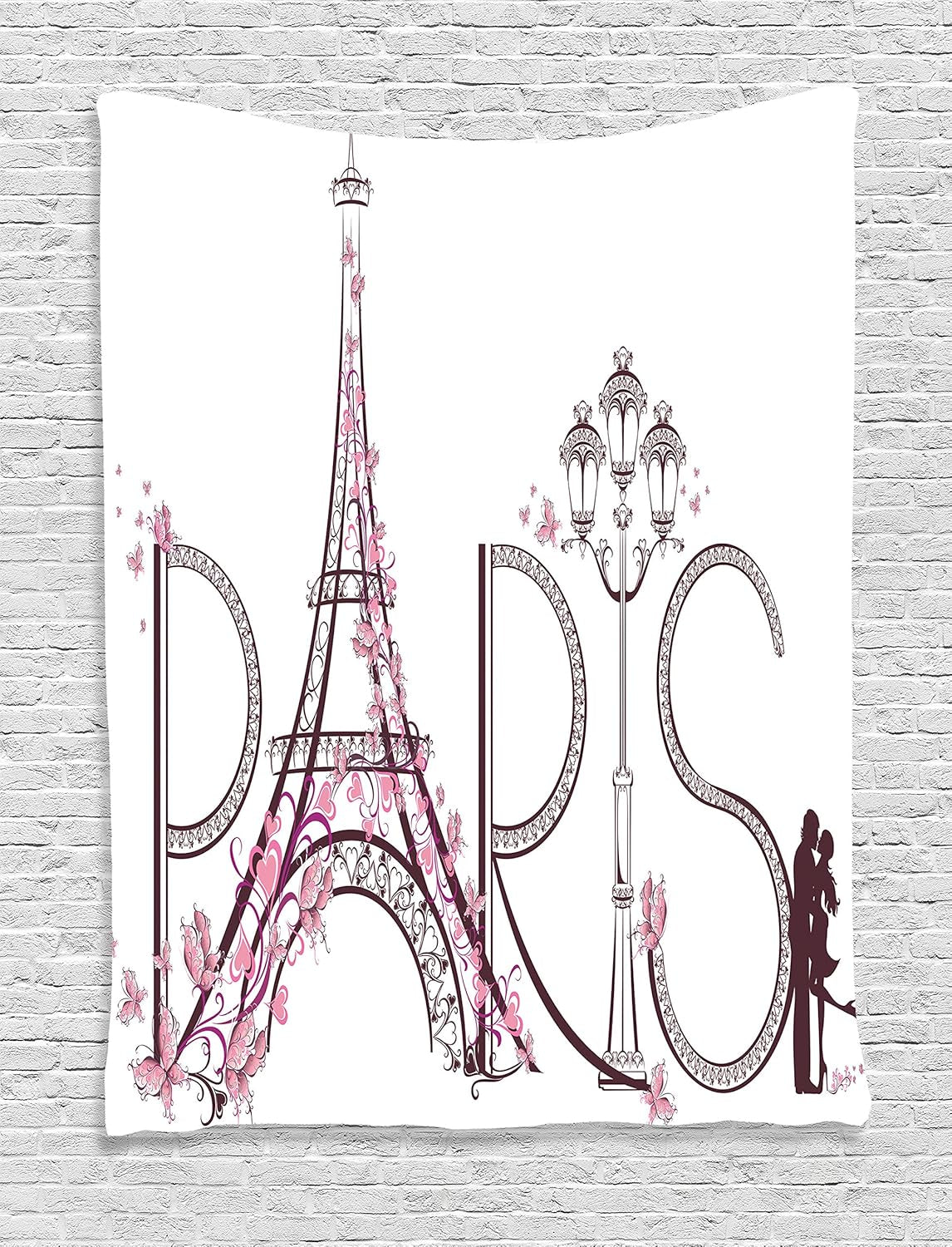 Paris Tapestry, Tower Eiffel with Paris Lettering Couple Trip Flowers Floral Design Print, Wall Hanging for Bedroom Living Room Dorm Decor, 40" X 60", Pink Plum