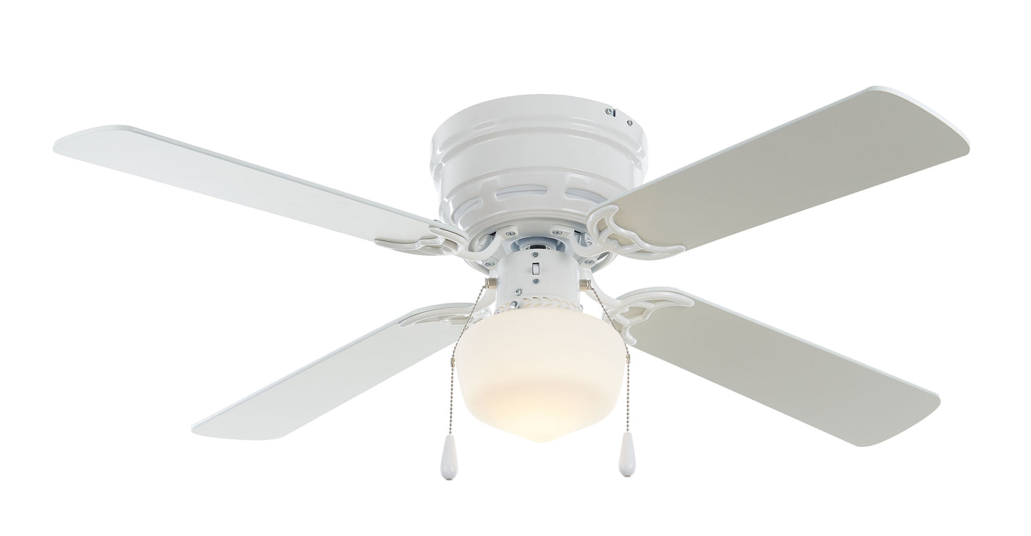 42 Inch Hugger Metal Indoor Ceiling Fan with Light, White, 4 Blades, LED Bulb, Reverse Airflow