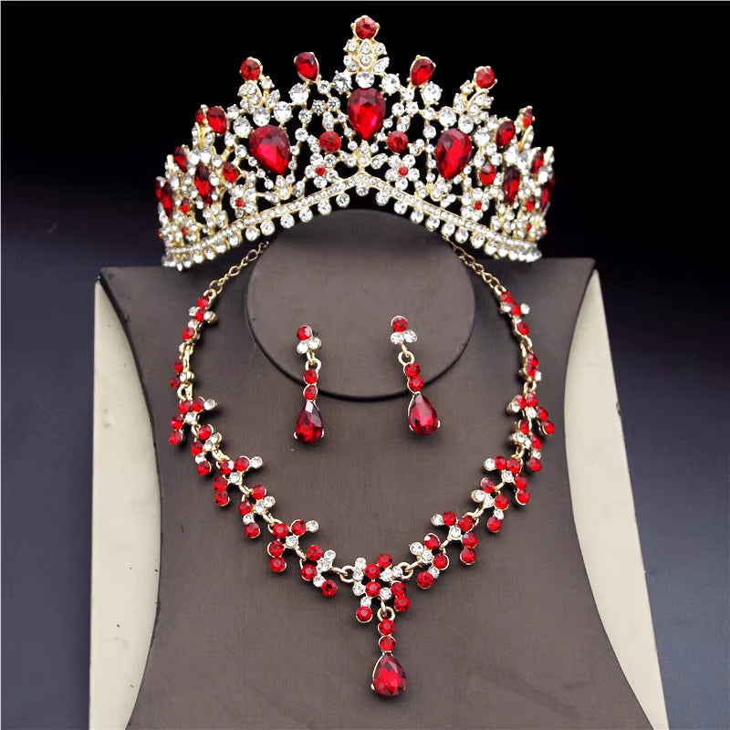 Luxury Crystal Bridal Jewelry Sets for Women Pink Tiaras Necklaces Earrings Set Bride Wedding Dress Birthday Crown Set Accessory