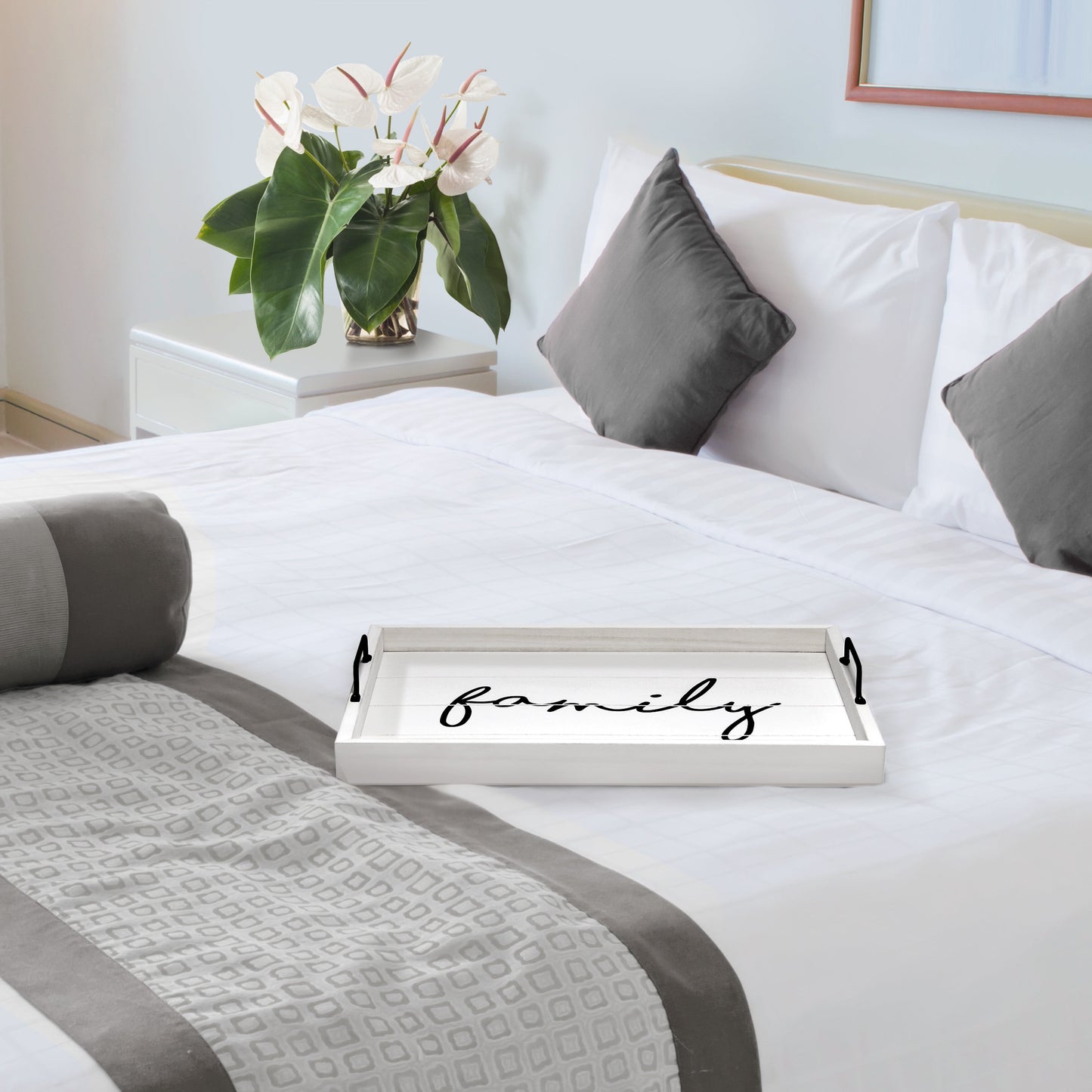 15.5" X 12" Decorative Wood Serving Tray, "Family", White Wash