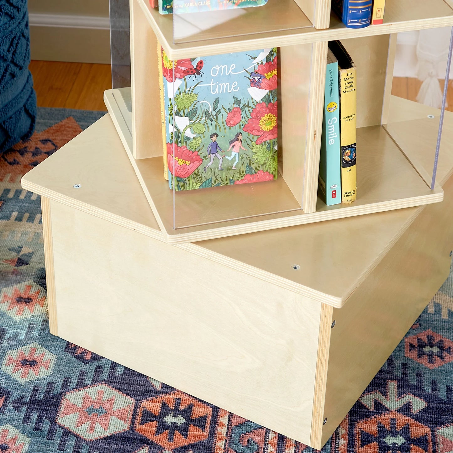 Floor Standing Rotating Book Display: Spinning Bookshelf Tower for Classroom, Kids Playroom, Library | Revolving Bookcase W/ Acrylic Windows, Birch Plywood Montessori Storage