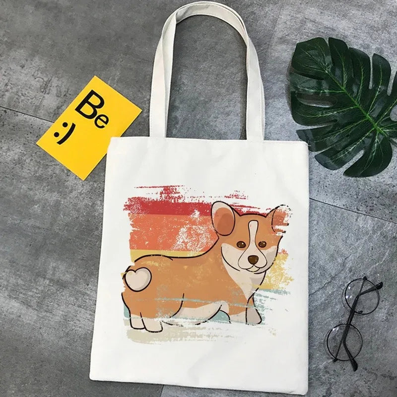 Corgi Dog Cartoon Funny Shopping Bag Graphic Tote Handbag Harajuku Shopper Bag for Women Eco Large-Capacity Female Shoulder Bag