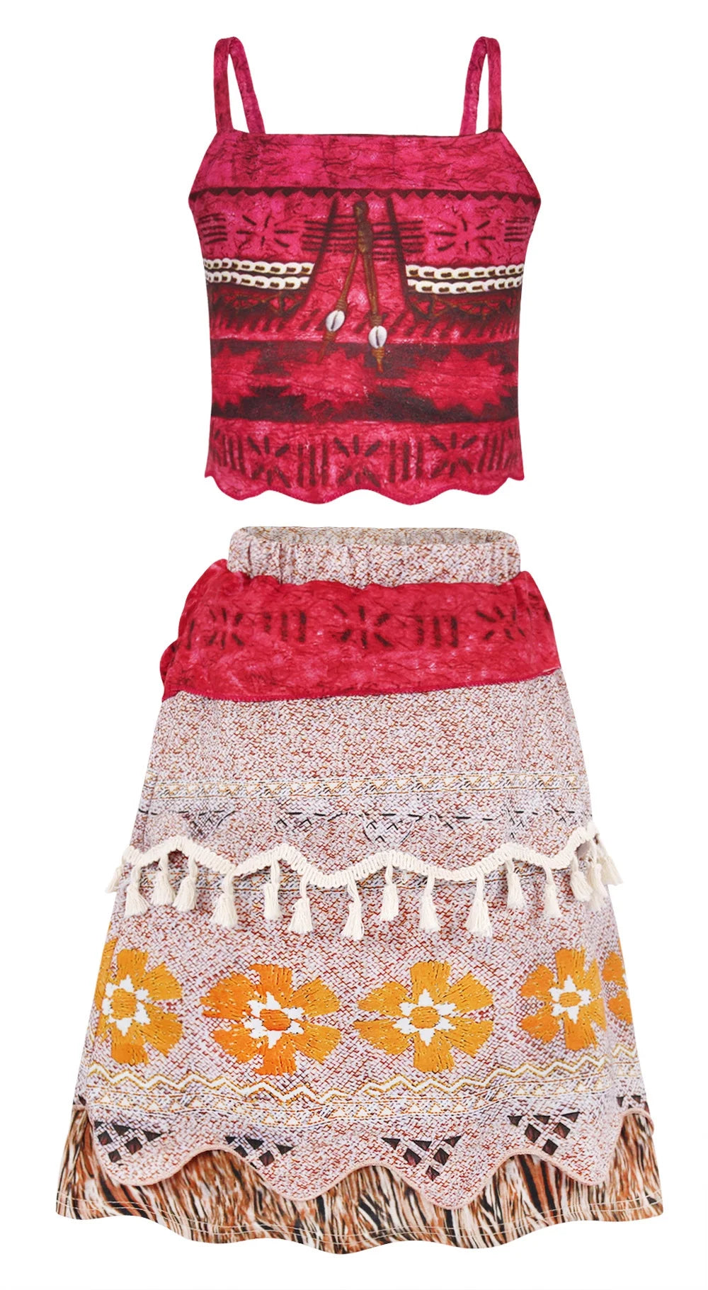 Princess Moana Costume for Girls Adventure Outfit Two-Pieces Crop Top Skirt Set Birthday Party Clothes