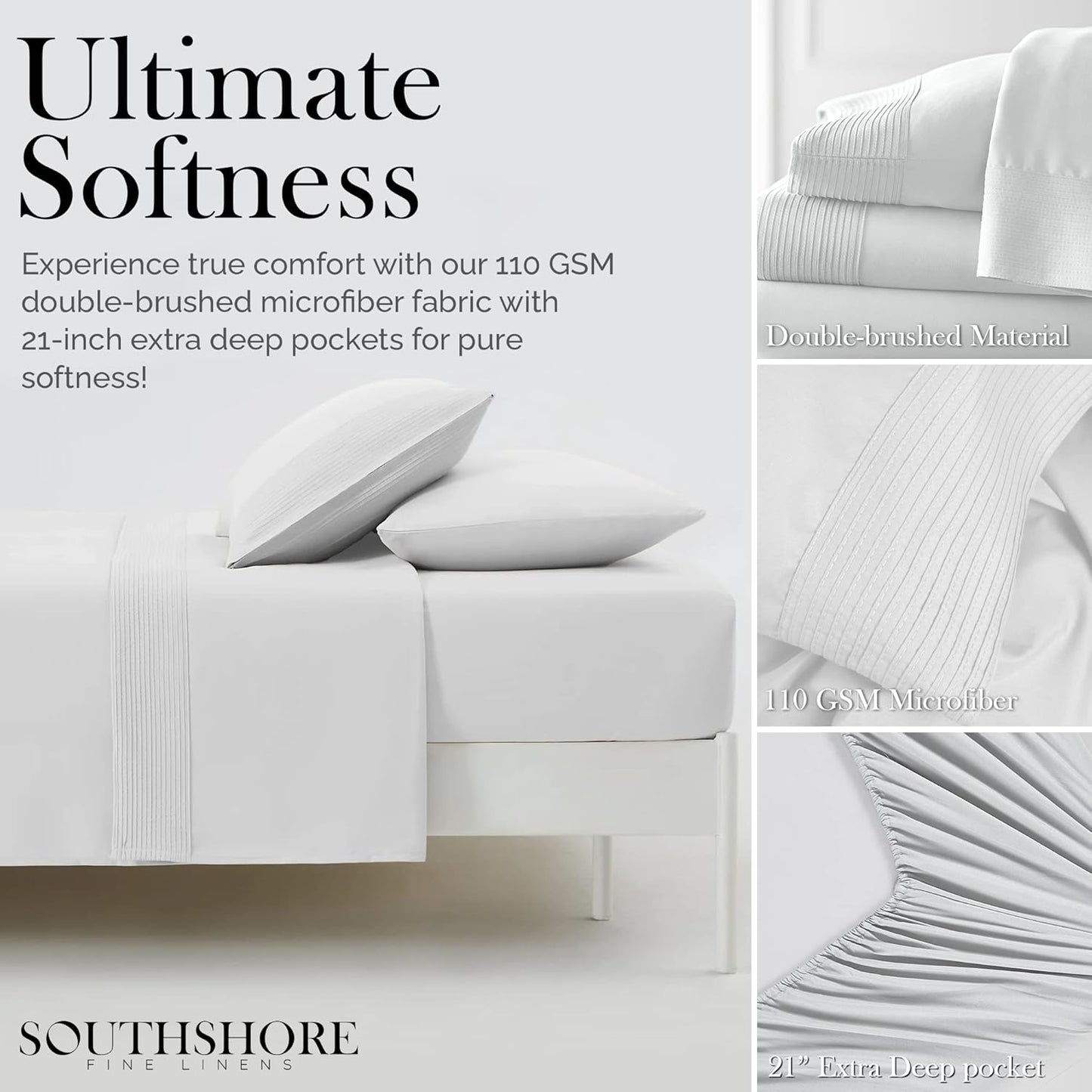 Southshore Fine Living Vilano Pleats, 4-Piece, 21-Inch Extra Deep Pocket Sheet, Queen Sheets with Flat Sheets and Pillowcase, Easy Care and Shrinkage-Free Deep Pocket Sheets, Sheet Set, Bright White