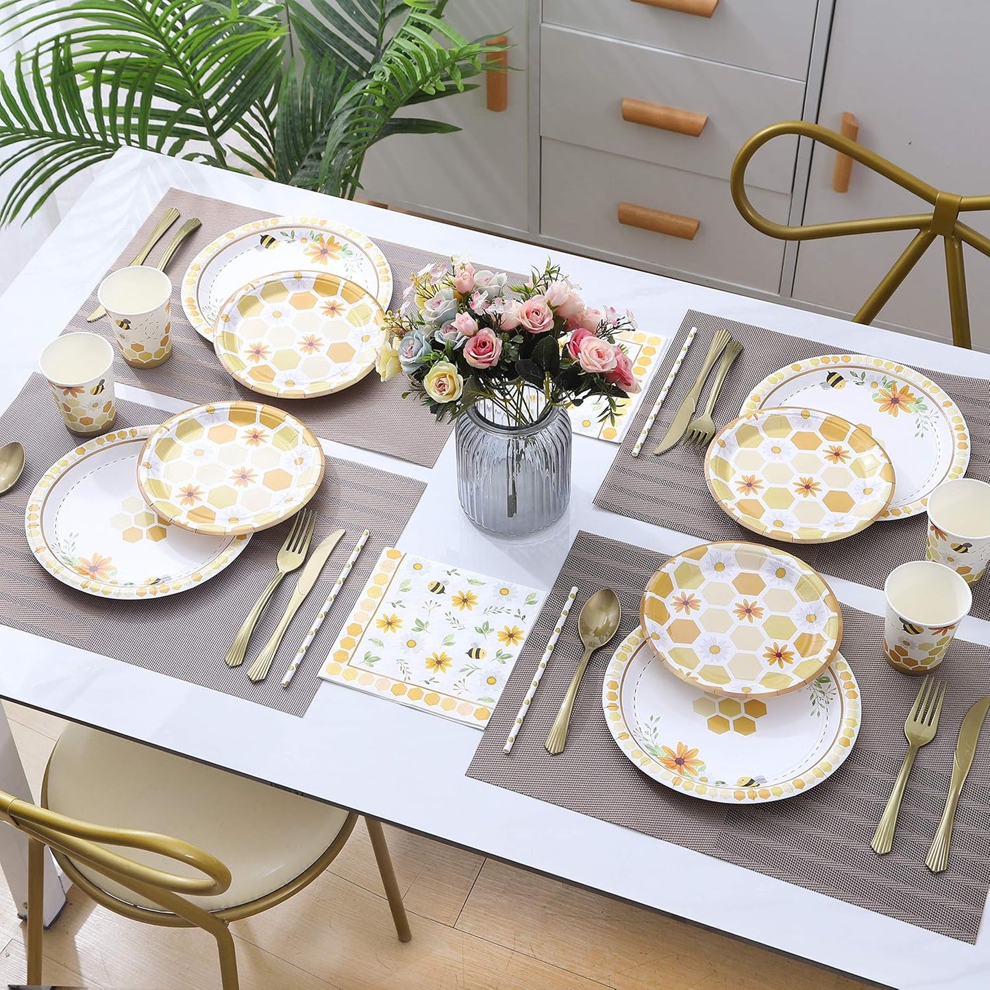 Bee Themed Party Supplies – Serves 16 – Includes Disposable Bee Plates, Cups, Napkins, and Straws Perfect for Bee Decorations, Bumble Bee Birthday Party Pack, Bee Gender Reveal, and Baby Shower