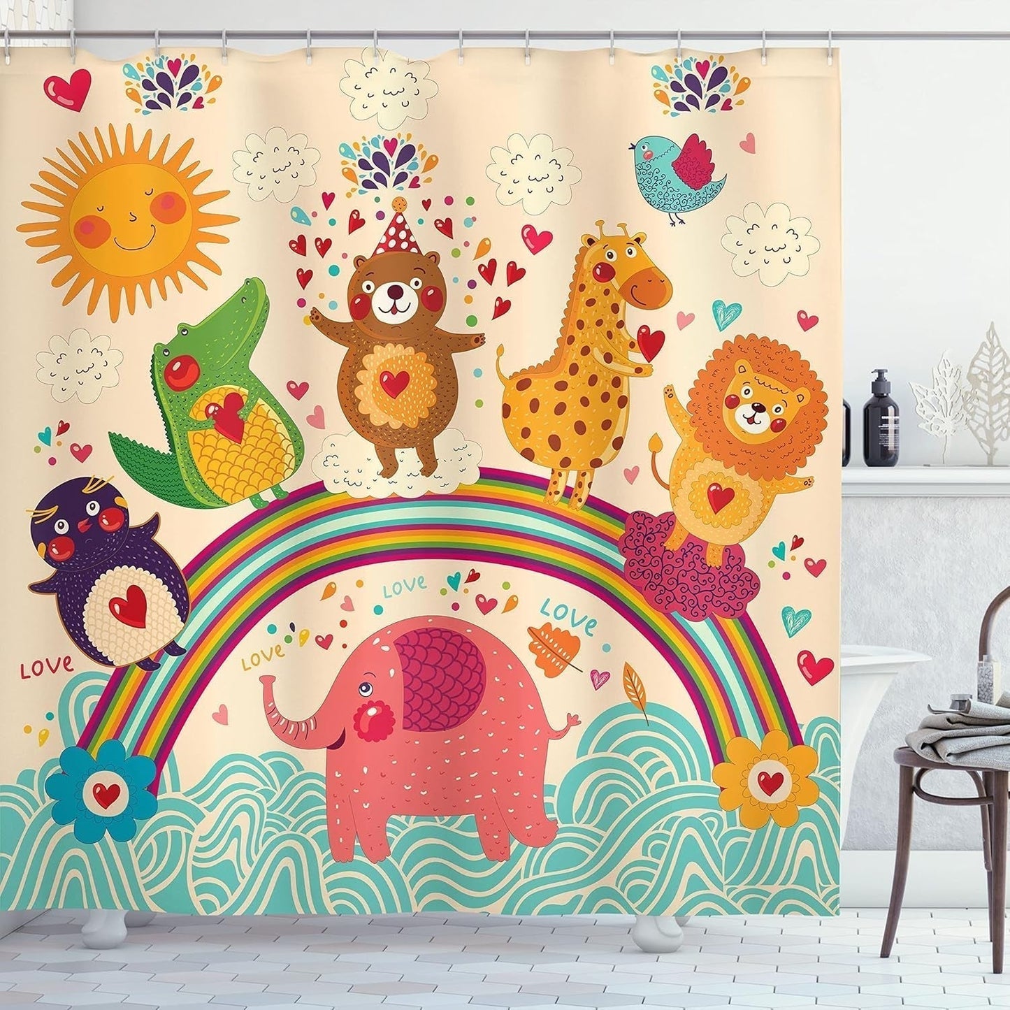 Cartoon Shower Curtain, Happy Animals Bear Lion Crocodile Birds on Rainbow Drawing Effect, Cloth Fabric Bathroom Decor Set with Hooks, 69" W X 70" L, Orange Green
