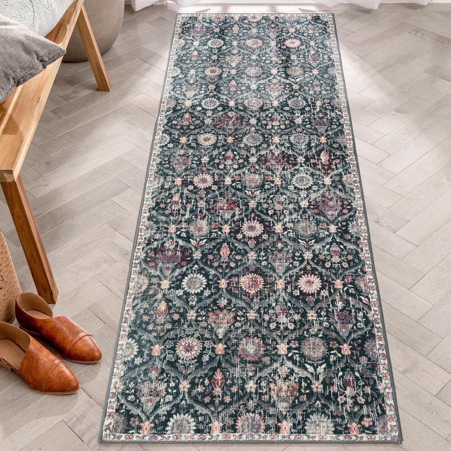 5'X7' Area Rug for Living Room Non-Slip Moroccan Indoor Washable Rug Ultra-Thin Foldable Soft Carpet Floral Accent Throw Rug for Kitchen Entryway Bathroom Bedroom Office Carpet,Grey