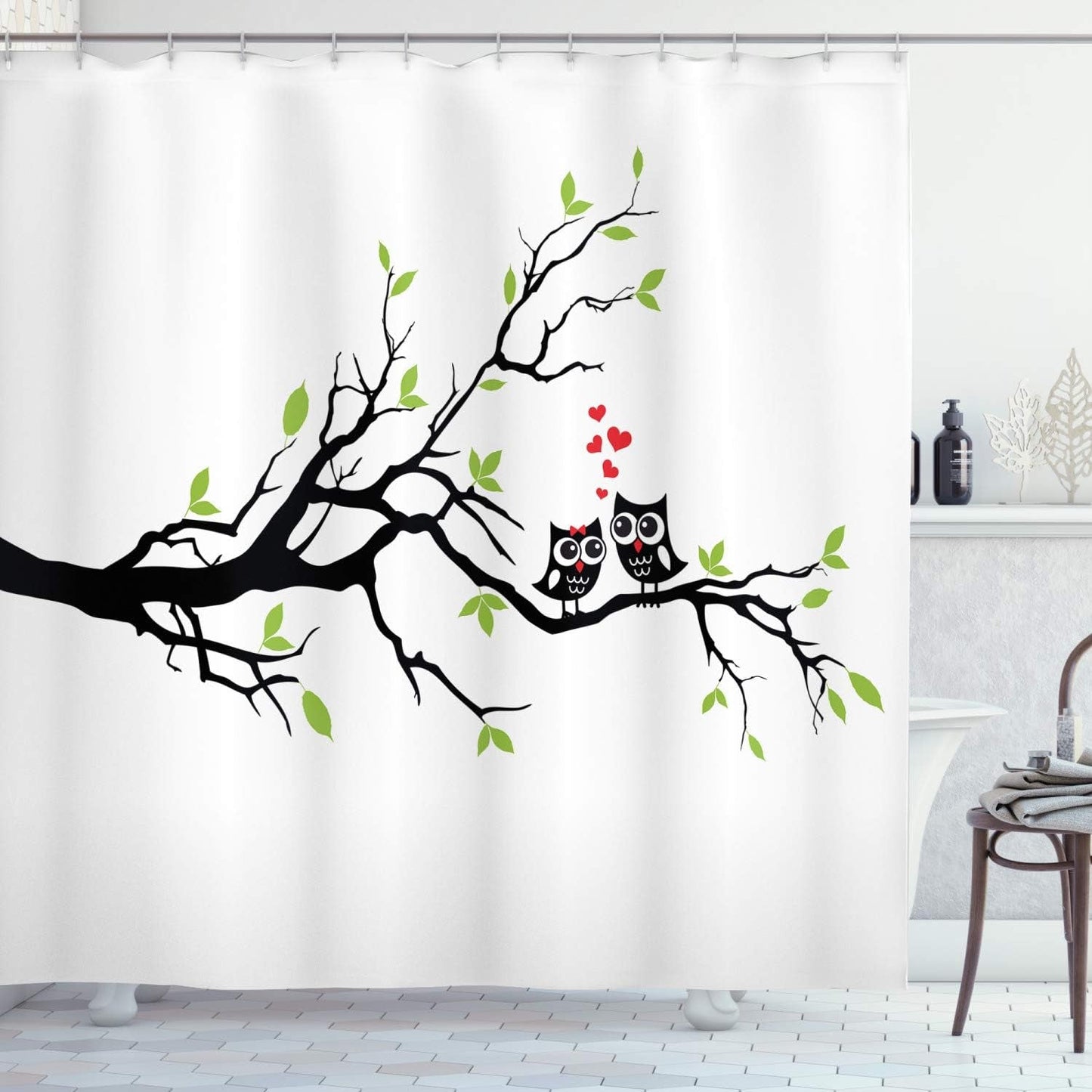 Owls Shower Curtain, Owls in Love Sitting on a Branch Leaf Leaves Hearts Romance Themed Artwork, Cloth Fabric Bathroom Decor Set with Hooks, 69" W X 70" L, Green Apple