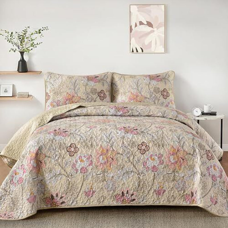 Floral Quilt Set Size Botanical Bedspread Bedding Sets Soft Queen Khaki