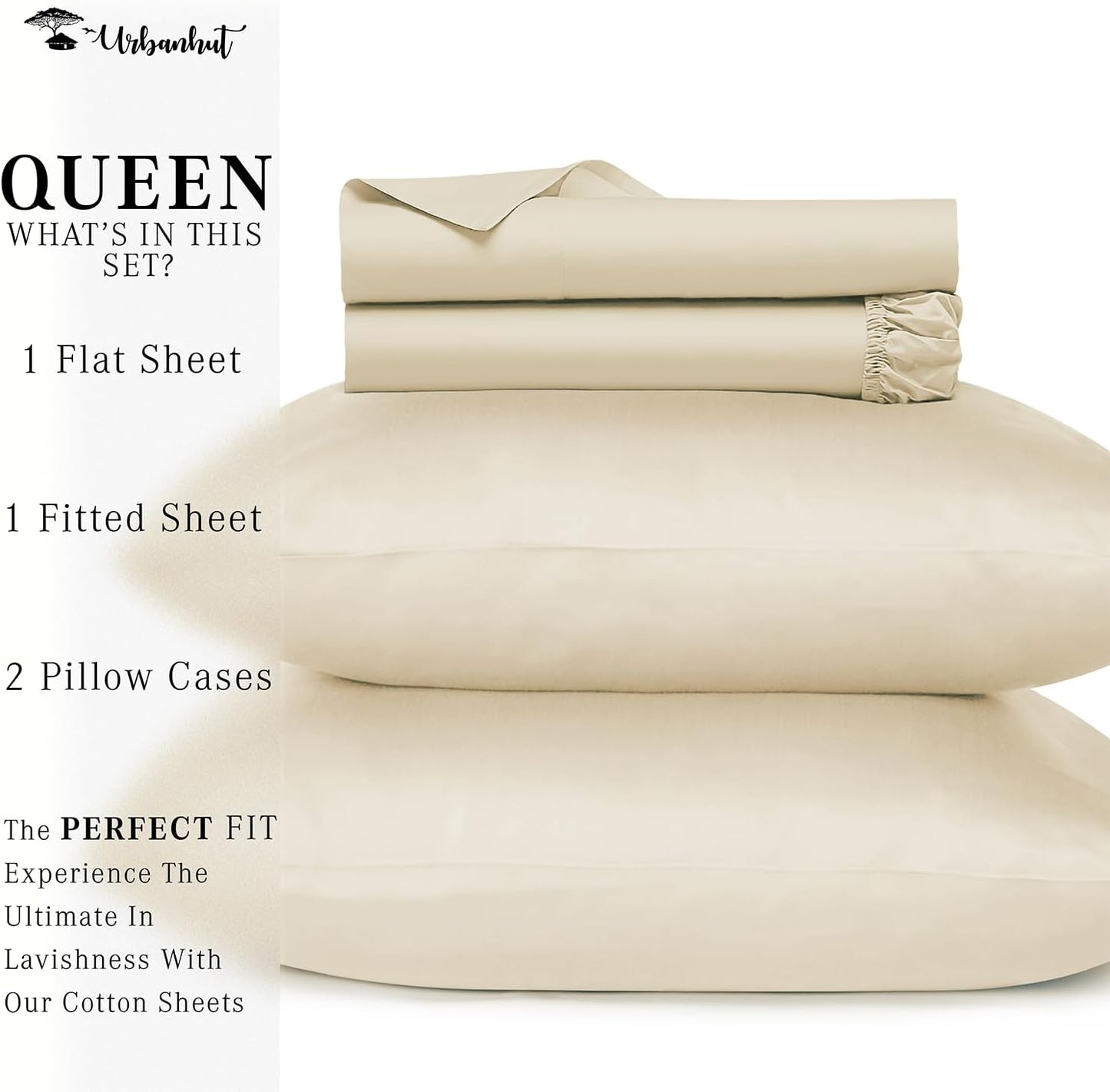 700 Thread Count Queen Sheet Set Egyptian Cotton Sheets, 4Pc Sheet Set Soft Luxury Bed Sheets for Queen Size Bed, Sateen Weave Hotel Sheets, 16'' Elasticized Deep Pocket - Ivory