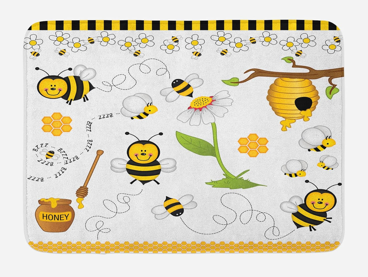 Collage Bath Mat, Flying Bees Daisies Honey Chamomile Flowers Springtime Animal Print, Plush Bathroom Decor Mat with Non Slip Backing, 30.2" X 20", Yellow White and Black