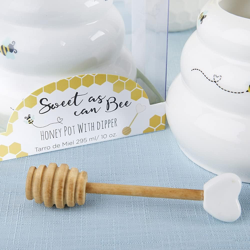 Sweet as Can Bee Ceramic Large Honey Pot with Wooden Honey Dipper (10 Oz), Kitchen Decor, Bumblebee Baby Shower Prize, Take Home Gift, Bee Decorations