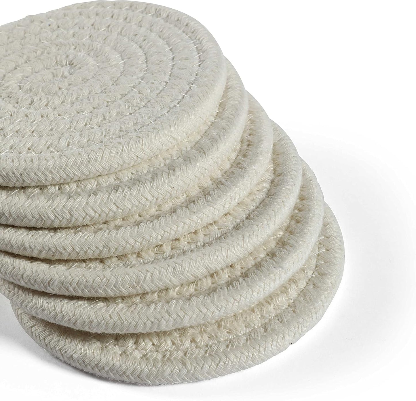 Set of 6 White Farmhouse Coasters for Coffee Table, 4.3" Aethetic Boho Coasters for Drinks, Absorbent Coasters, Cute Coasters, Moisture Absorbing Coasters, Woven Fabric Cup Coasters