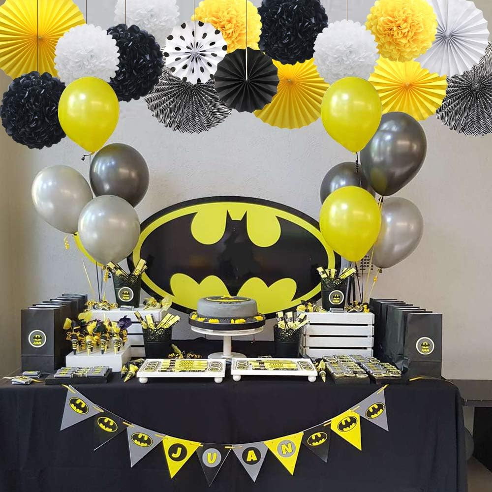 Yellow White Black Hanging Paper Party Decorations, round Paper Fans Set Paper Pom Poms Flowers for Bee Baby Shower Decorations Batman Birthday Party