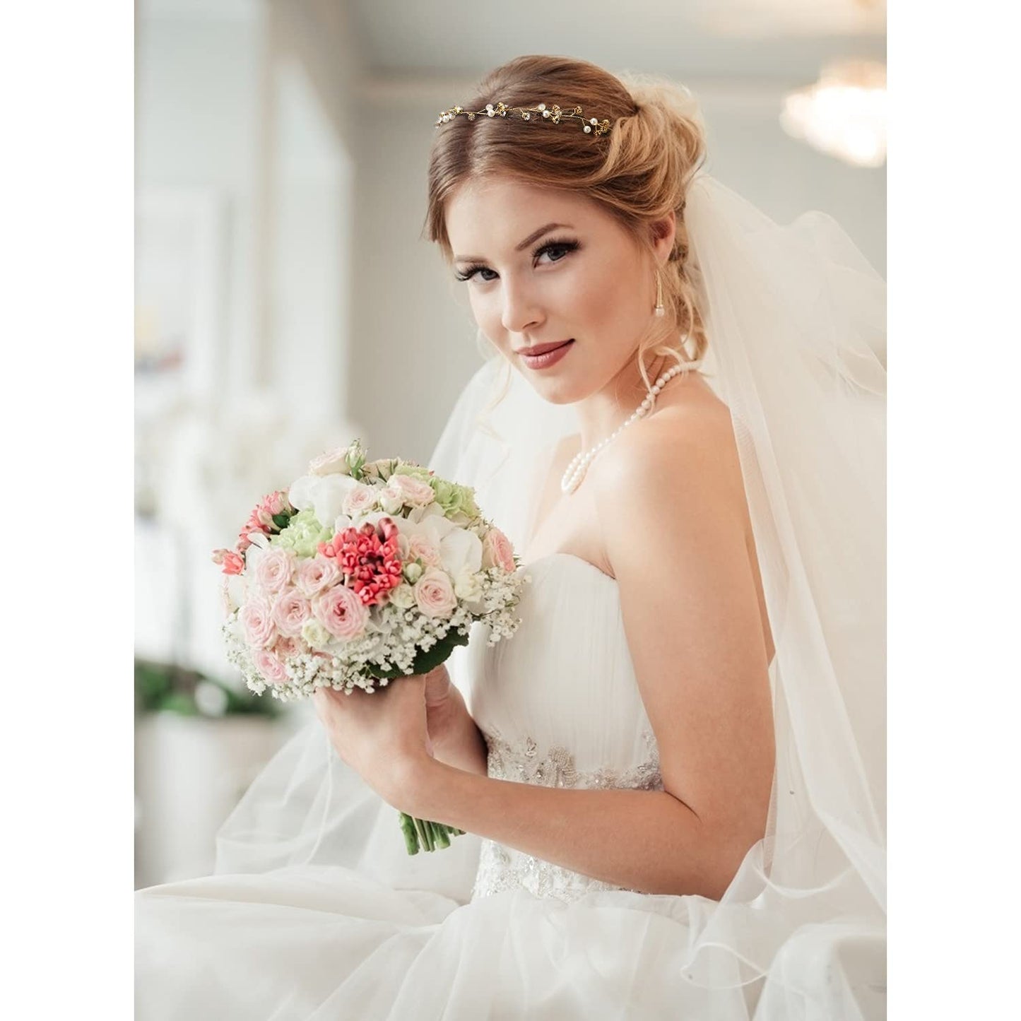 Bridal Headpiece - Gold Rhinestone Headband with Crystals, Wedding Hair Accessories for Brides and Bridesmaids