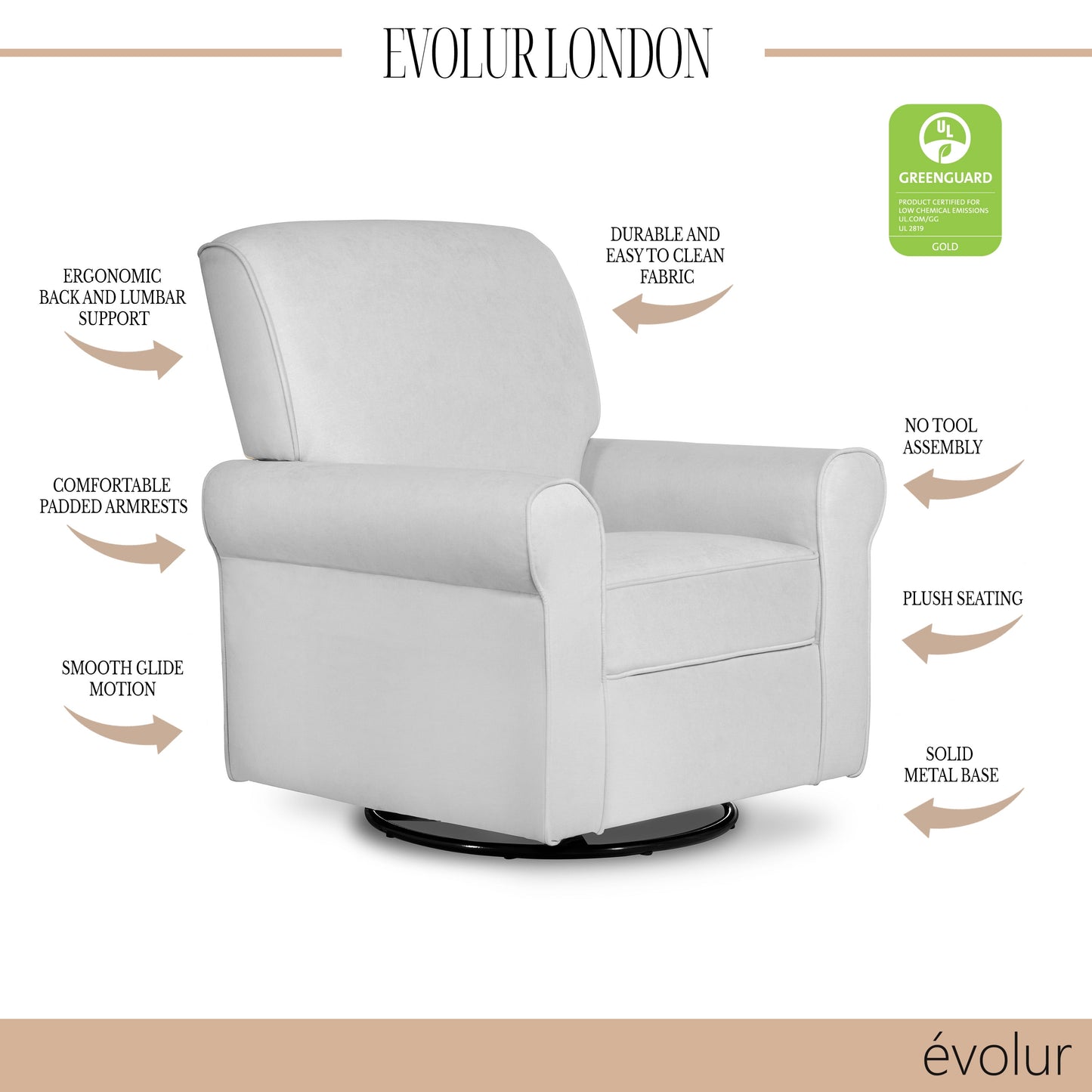 London Upholstered 360 Swivel L Glider I Rocker I Nursery Glider I Durable Soft Fabric in Gray Finish