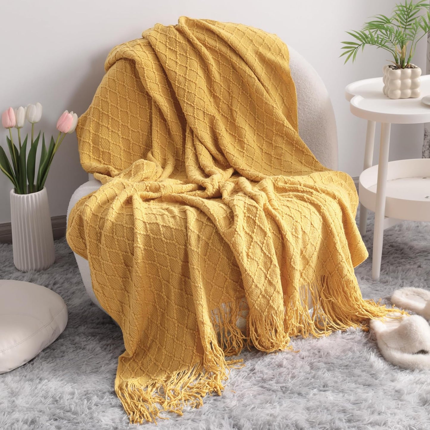 Acrylic Knitted Throw Blanket, Lightweight and Soft Cozy Decorative Woven Blanket with Tassels for Travel, Couch, Bed, Sofa, 51X67 Inches, Taupe Checkered