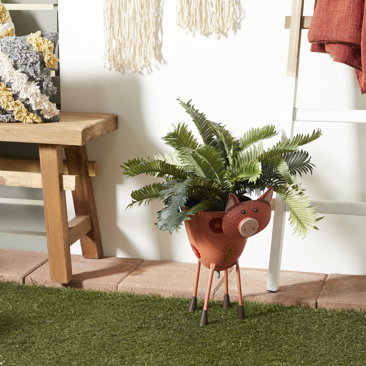 8" X 16" Indoor Outdoor Pink Metal Pig Planter with Floral Pattern Planter