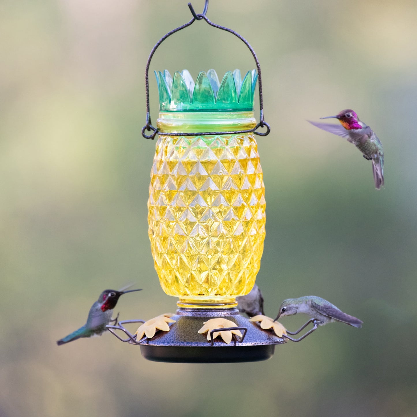 Yellow Pineapple Top-Fill Glass Hummingbird Feeder – 28 Oz