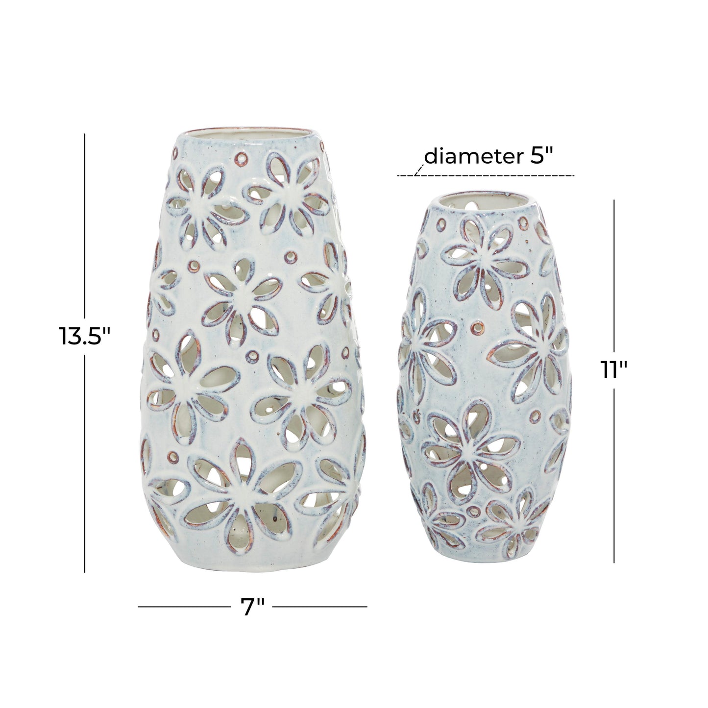 14", 11"H Floral Handmade Daisy Cut Out White Ceramic Vase, Set of 2
