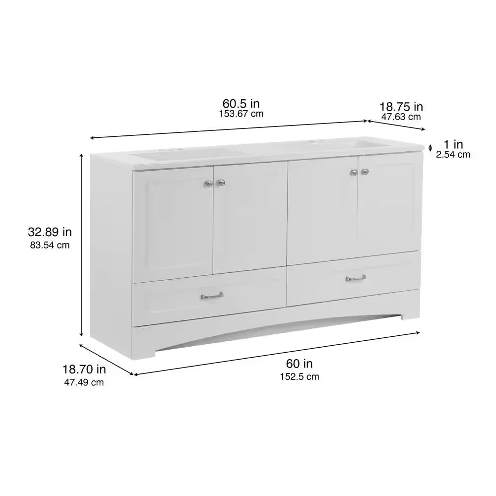Lancaster 61 In. Double Sink White Bath Vanity with White Cultured Marble Top (Assembled)