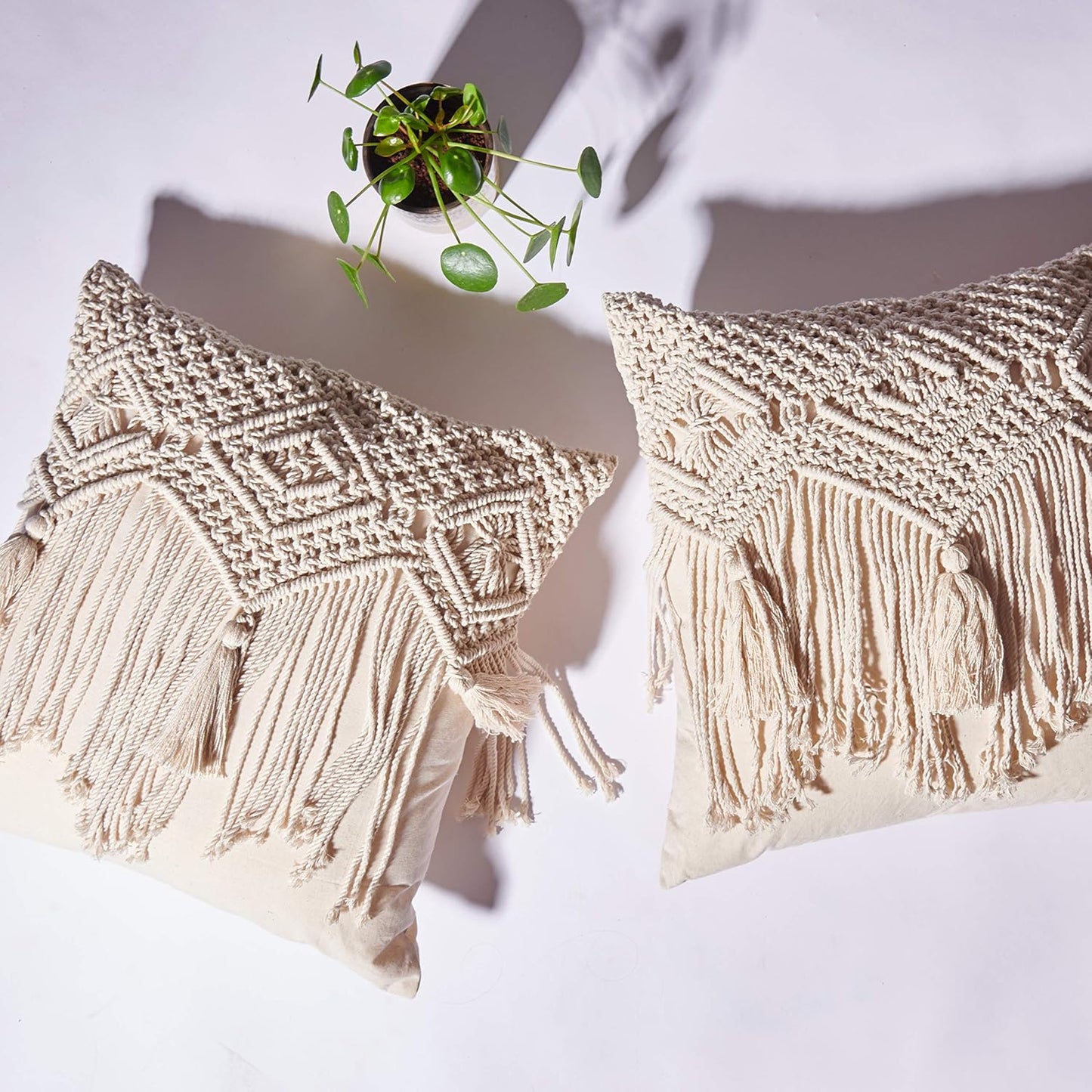 Boho Throw Pillow Covers 18X18, Macrame Decorative Pillow Covers, Modern Farmhouse Bohemian Pillowcases for Bed, Couch or Sofa, Set of 2 Farmhouse Pillow Covers with Tassels, Natural White