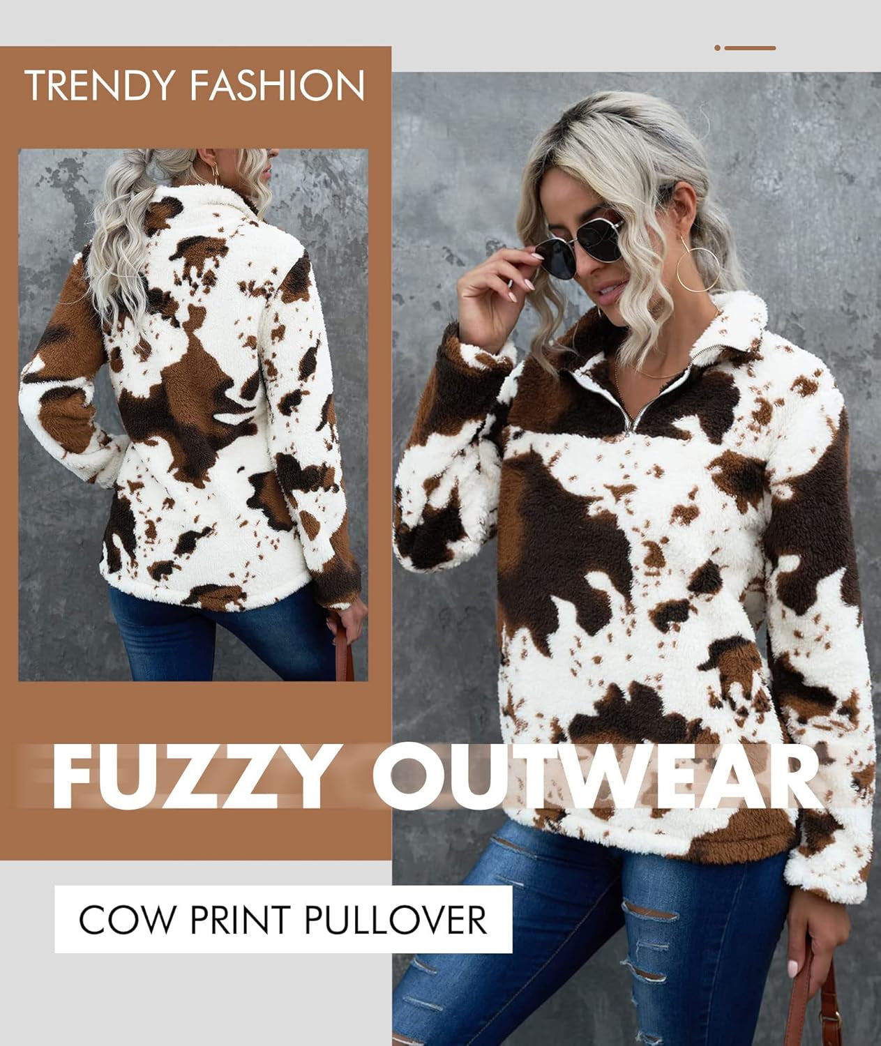 Womens plus Size Long Sleeve Casual Zip Collar Cow Print Fleece Jacket Tops