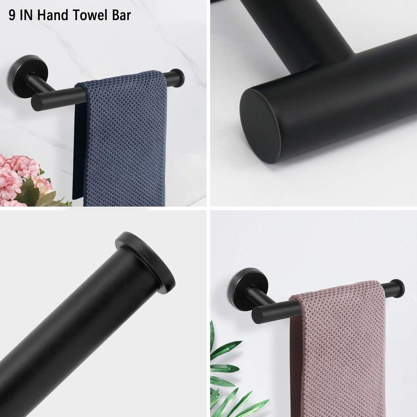 7 Pieces Bathroom Hardware Set SUS304 Thicken Stainless Steel-Towel Rack Kit Include 24" Towel Rod+ 9" Hand Towel Bar+ Toilet Paper Holder+4Robe Towel Hooks Bath Accessories (Matte Black)