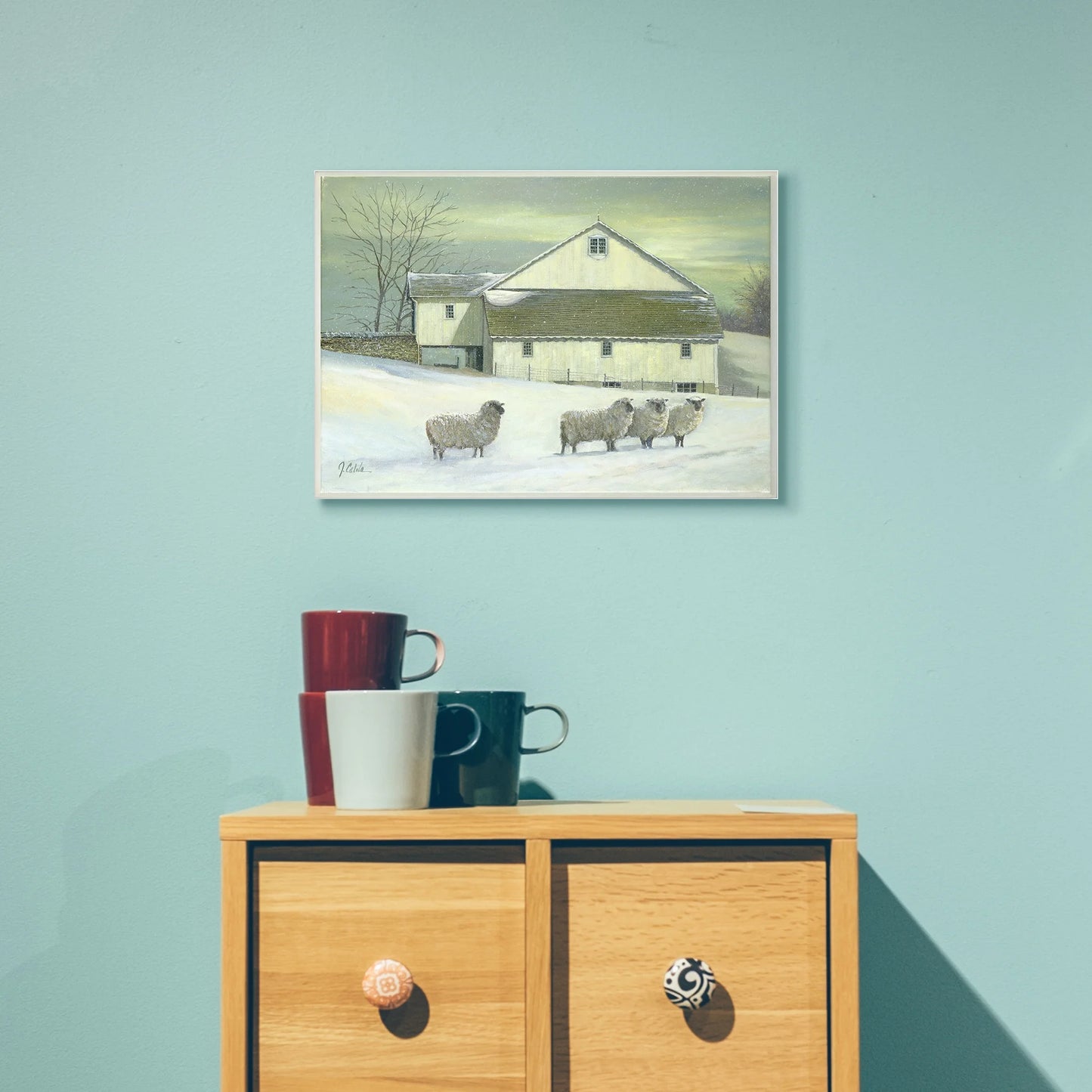 The Stupell Home Decor Sheep in Front of the Farmhouse Green Toned Painting Wall Plaque Art