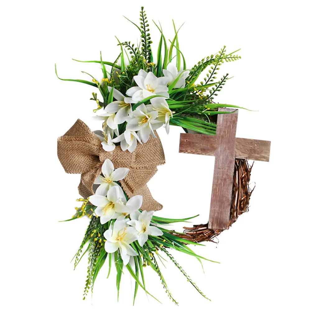 Easter Wreath with Cross Burlap Bow Rustic Grapevine Wreath Spring Decorating Farmhouse Decor Wall Home Decor Gift DIY Easter Front Door Wreath Decoration