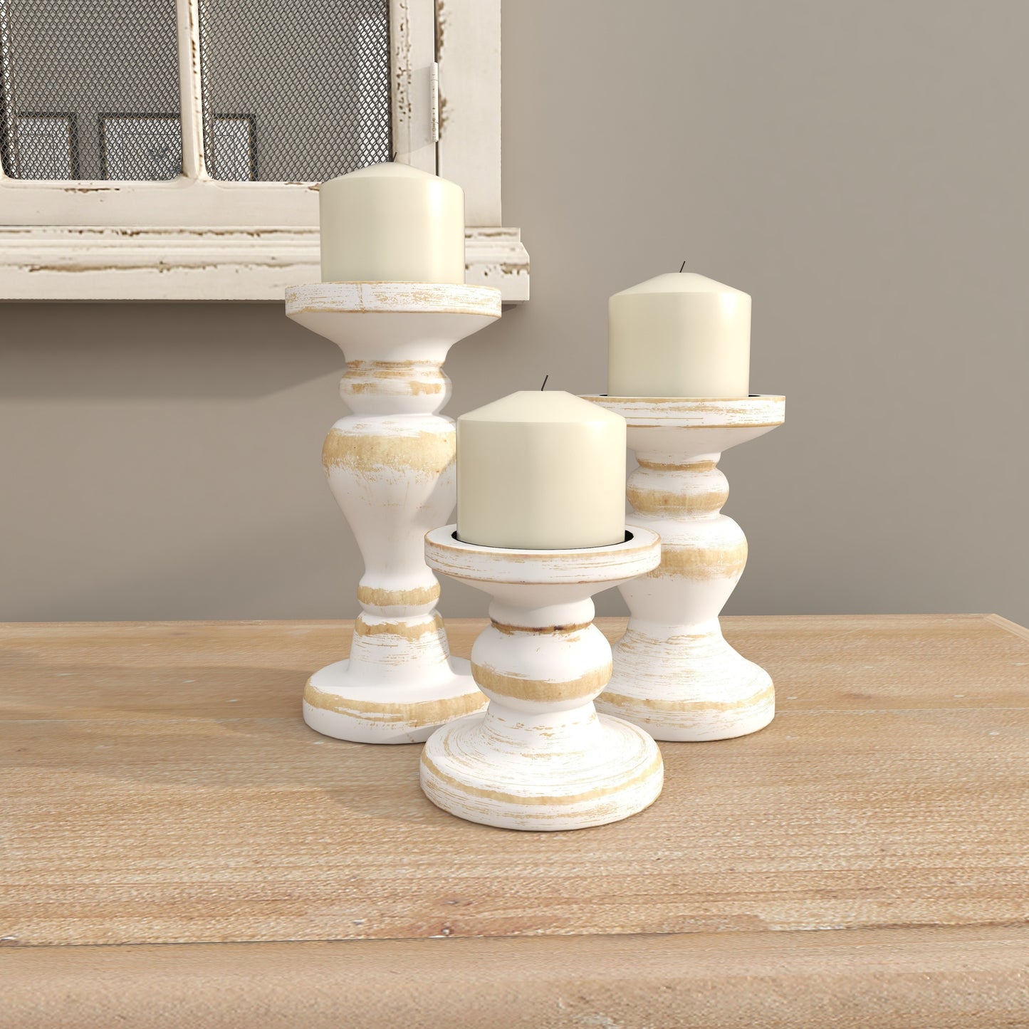 Farmhouse White Washed Wooden Curved Pillar Candle Holders Set of 3, 8", 6", 4"H Natural Distressed Finish