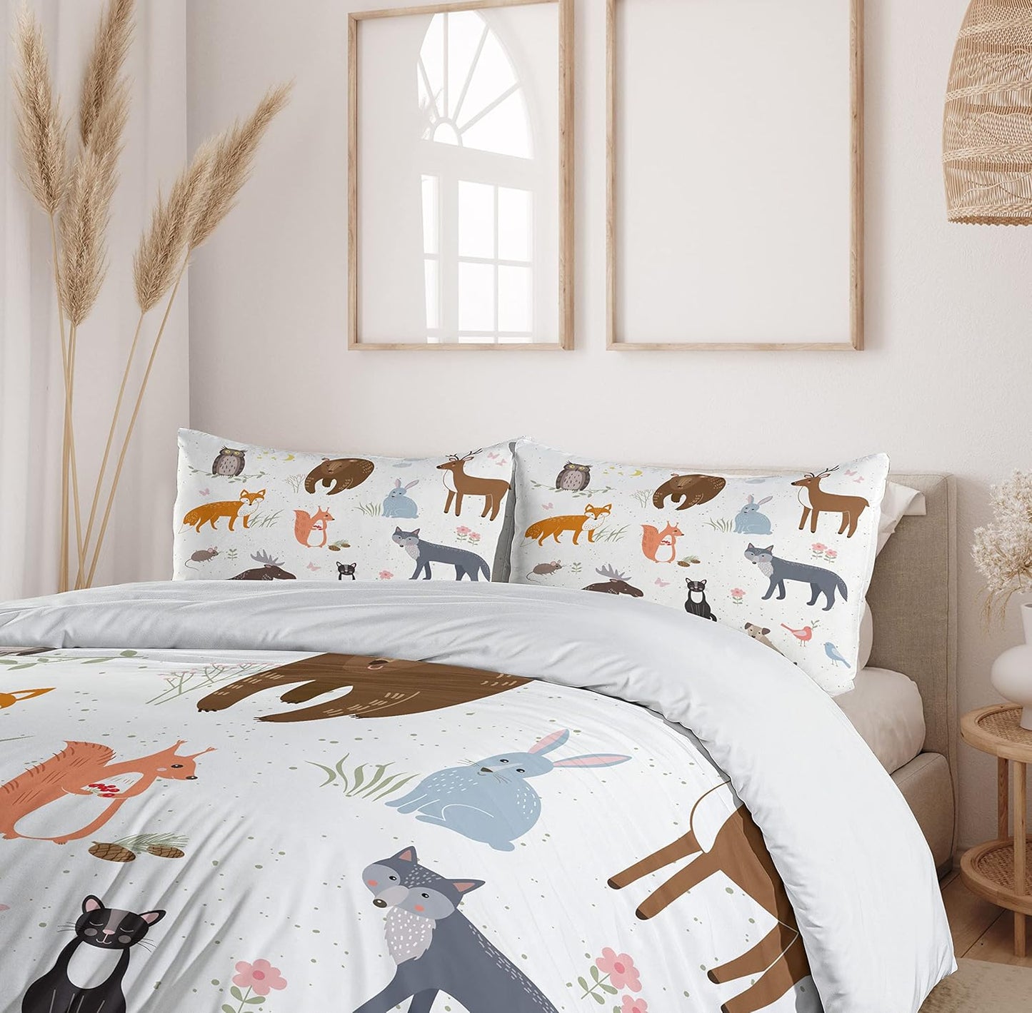 Cabin Duvet Cover Set, Animals in the Springtime Meadow Woodland Fauna Room, Decorative 3 Piece Bedding Set with 2 Pillow Shams, Queen Size, Brown White