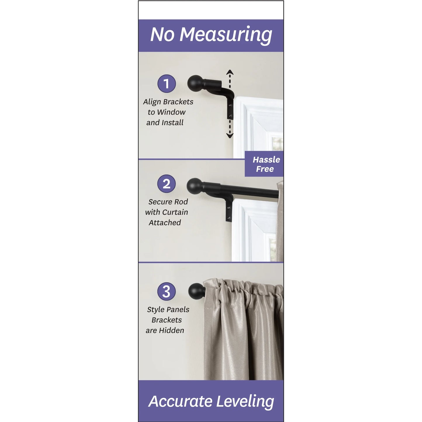 No Measuring Easy Install Cafe Window Rod, 18"-48", with Ball Finials, Black