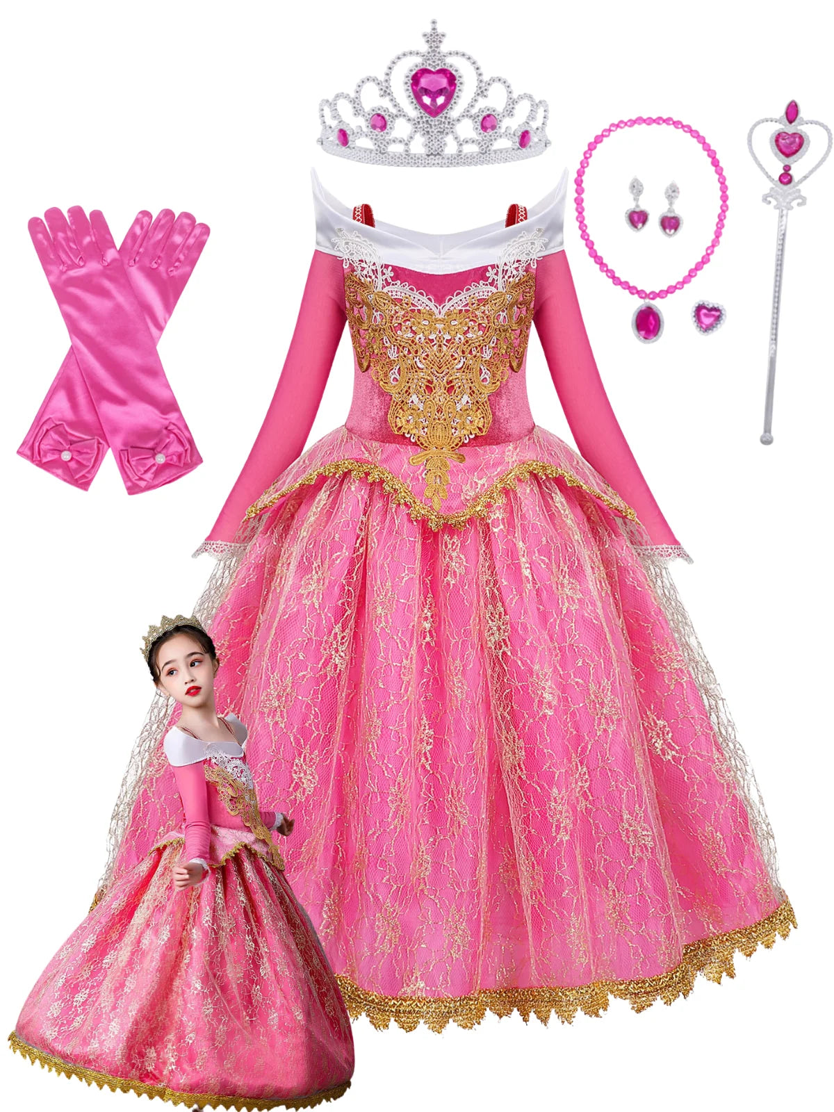 Girls Princess Dress up Aurora Fancy Dresses Birthday Party Cosplay for Kids Evening Gown with Accessories