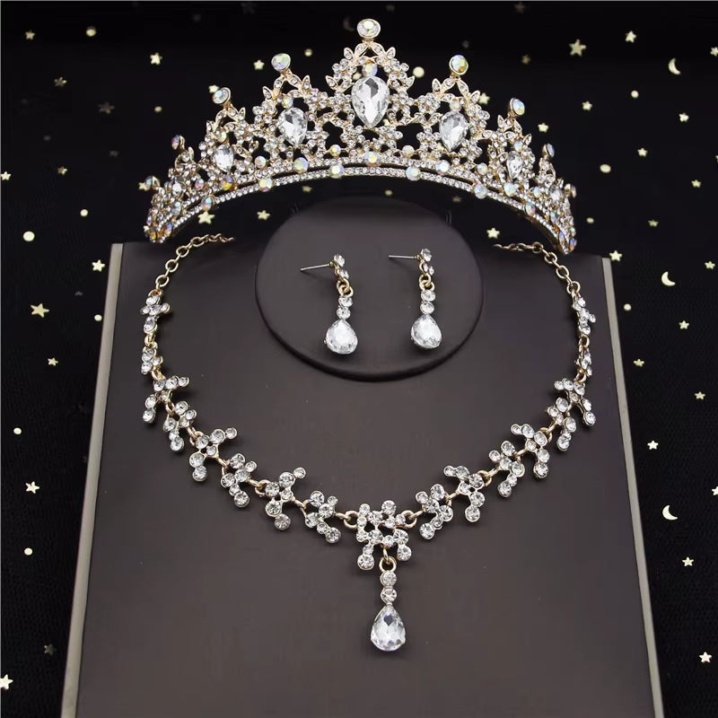 Luxury Crystal Bridal Jewelry Sets for Women Pink Tiaras Necklaces Earrings Set Bride Wedding Dress Birthday Crown Set Accessory
